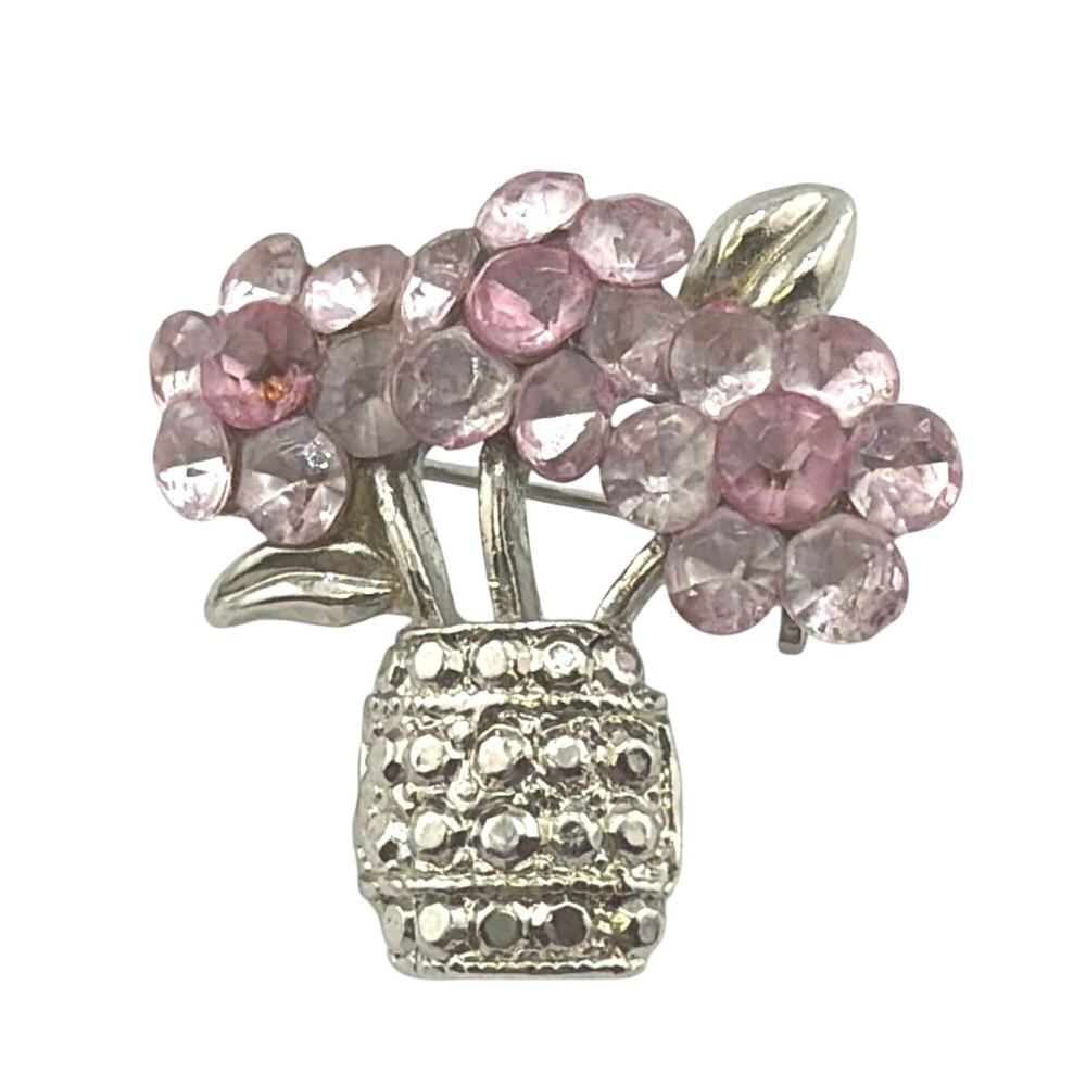 Vintage Silver Tone Pink Rhinestone Flower Bouquet Brooch